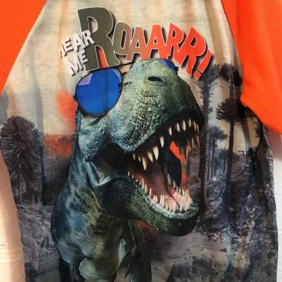 Dinosaur‎ T-Rex Hear Me Roar Graphic Orange Raglan Sleeve Tee Shirt - Picture 3 of 8